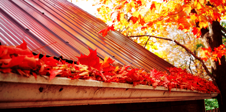 autumn leaves filling gutters on home gutter clean required